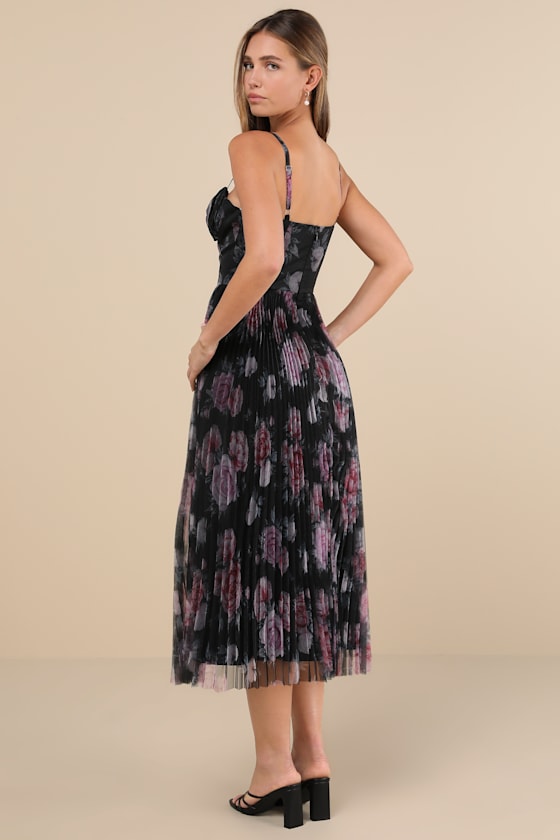 Lulus Alluring Invite Black Floral Pleated Bustier Midi Dress In Black