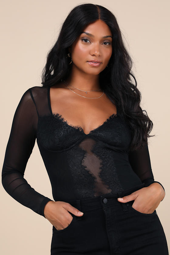 Stay Sultry Black Mesh Lace Long Sleeve Bodysuit - thumbnail 2