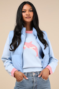 Warm Aesthetic Light Blue Mock Neck Puffer Vest 1