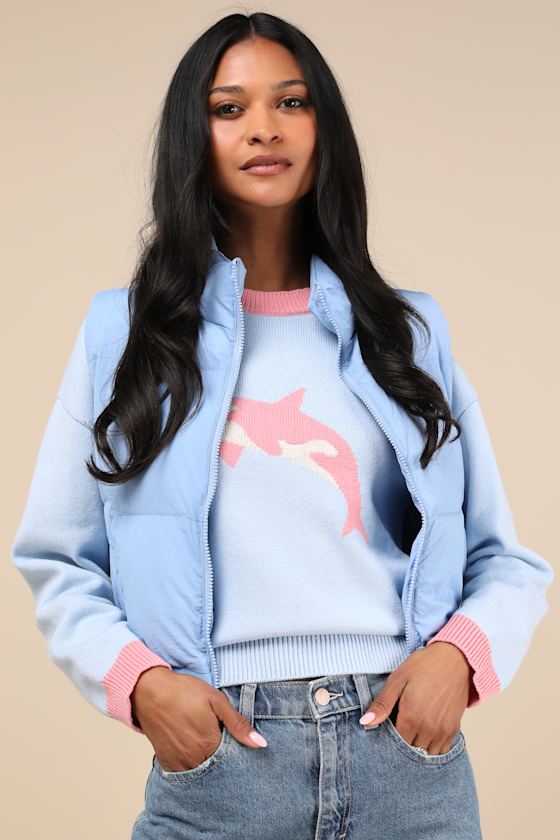 Warm Aesthetic Light Blue Mock Neck Puffer Vest 1