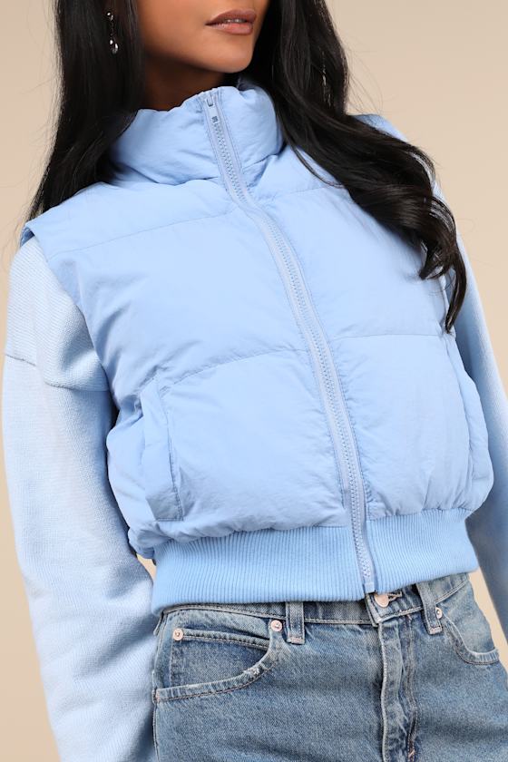 Lulus Warm Aesthetic Light Blue Mock Neck Puffer Vest In Light Blue
