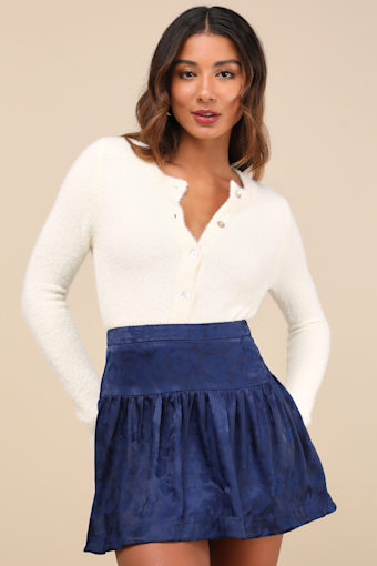 Sensational Approach Navy Blue Satin Jacquard Mini Skirt 6