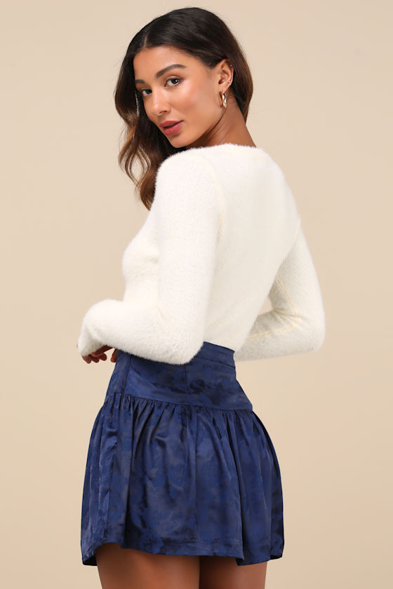 Sensational Approach Navy Blue Satin Jacquard Mini Skirt 10