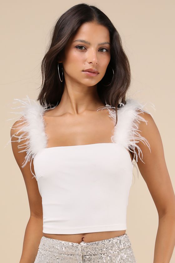 Fabulous Attraction White Feather Cropped Tank Top 1