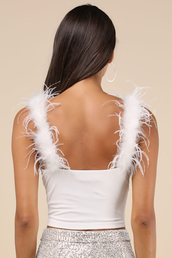 Lulus Fabulous Attraction White Feather Cropped Tank Top In White