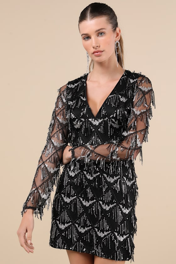 Lulus Playful Composure Black Fringe Sequin Mini Dress In Black