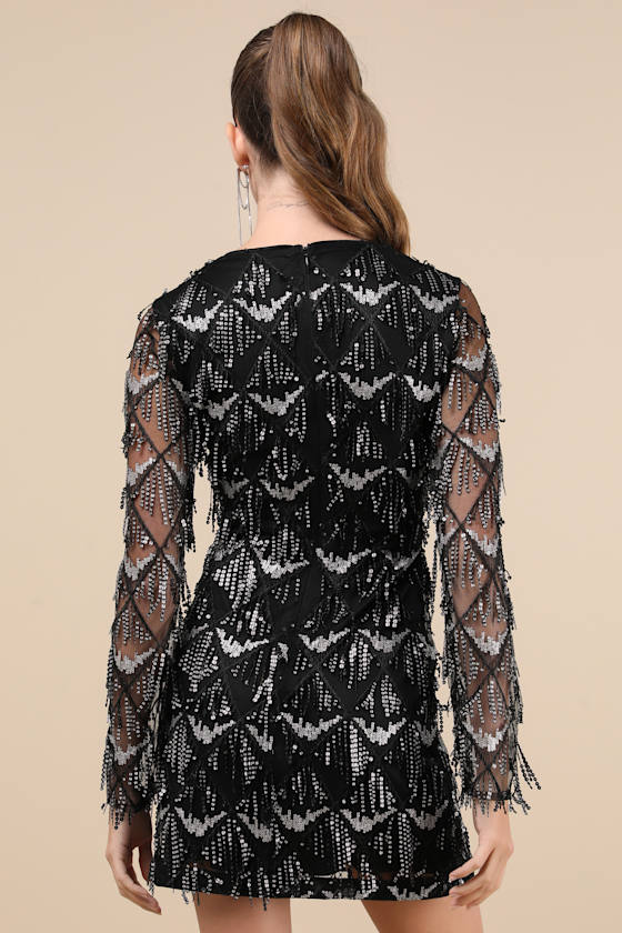 Lulus Playful Composure Black Fringe Sequin Mini Dress In Black