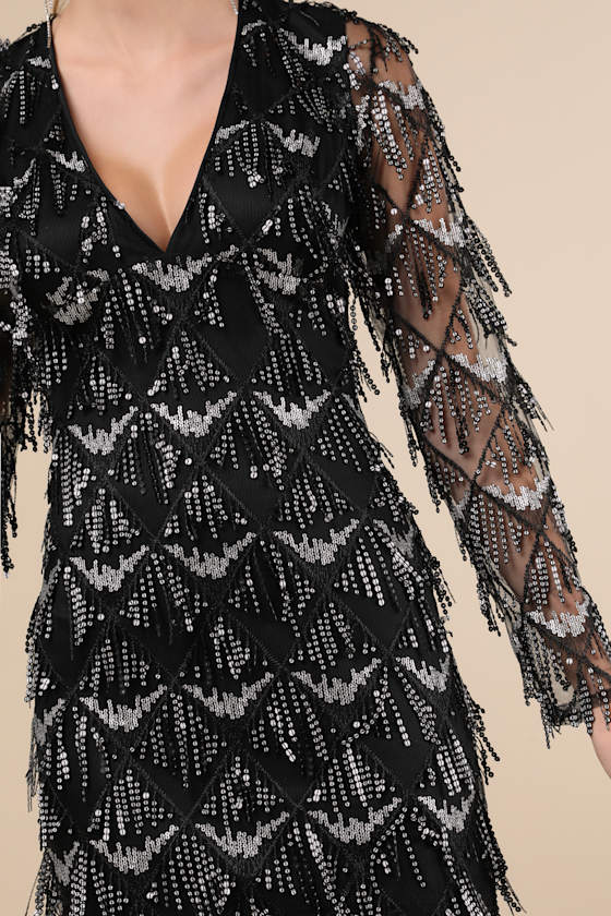 Lulus Playful Composure Black Fringe Sequin Mini Dress In Black