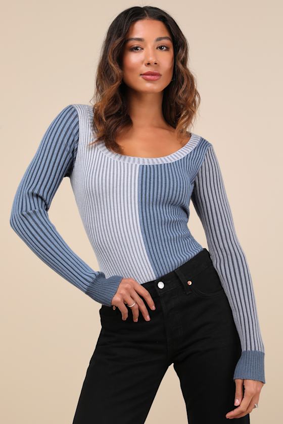 Lulus Mod Cutie Blue Color Block Ribbed Long Sleeve Bodysuit In Blue