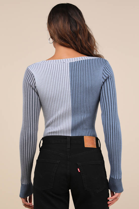 Lulus Mod Cutie Blue Color Block Ribbed Long Sleeve Bodysuit In Blue