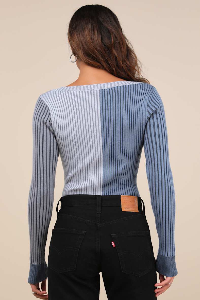 Mod Cutie Blue Color Block Ribbed Long Sleeve Bodysuit