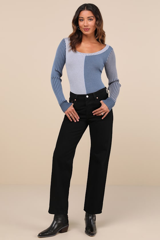 Lulus Mod Cutie Blue Color Block Ribbed Long Sleeve Bodysuit In Blue