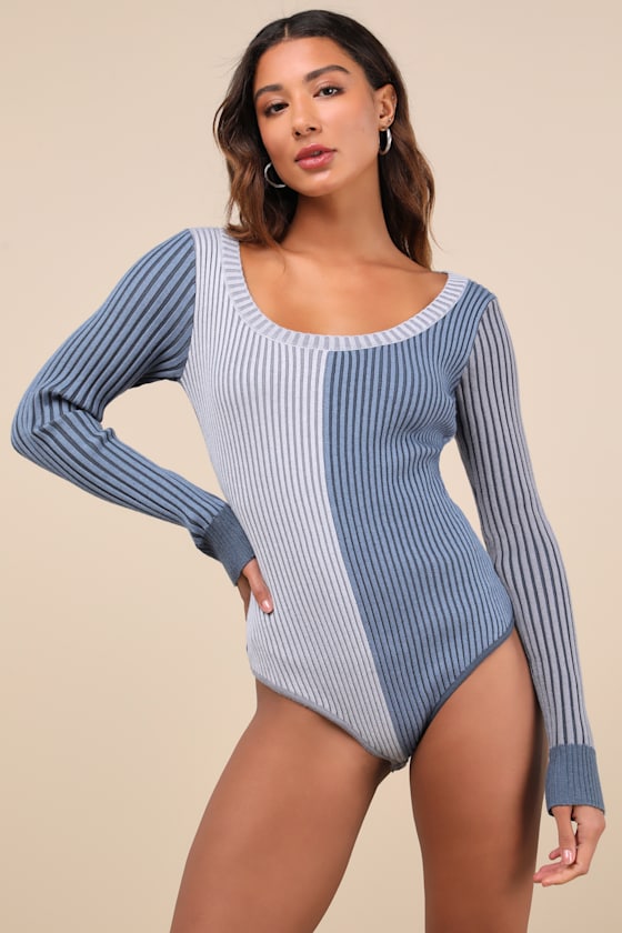 Lulus Mod Cutie Blue Color Block Ribbed Long Sleeve Bodysuit In Blue