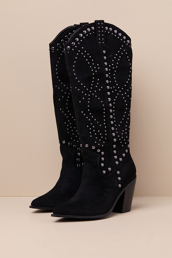 Lulus Mallerie Black Suede Studded Knee-high Western Boots In Black