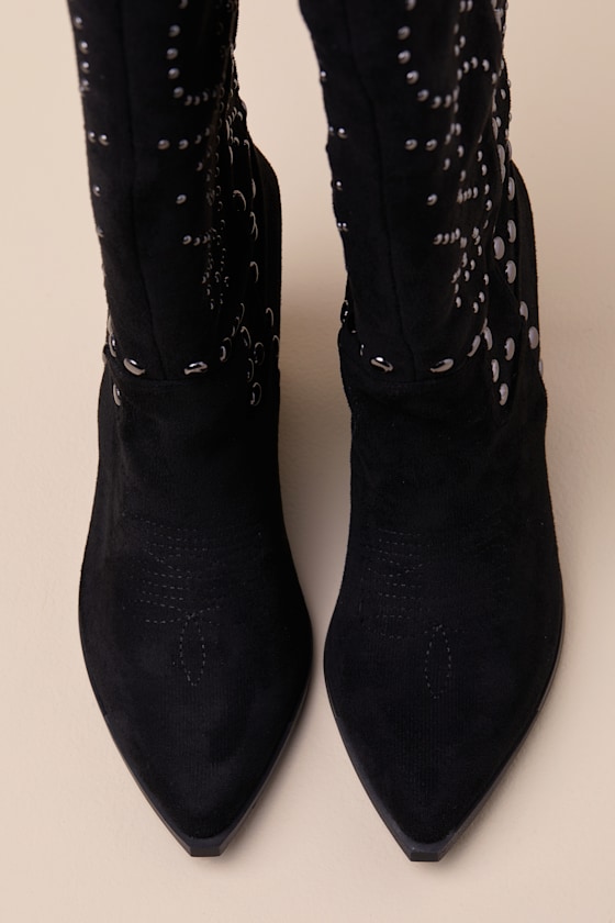 Lulus Mallerie Black Suede Studded Knee-high Western Boots In Black