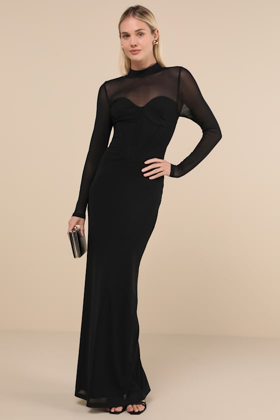 Lulus Sensational Appeal Black Mesh Cutout Long Sleeve Maxi Dress In Black