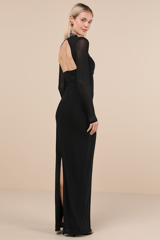 Lulus Sensational Appeal Black Mesh Cutout Long Sleeve Maxi Dress In Black