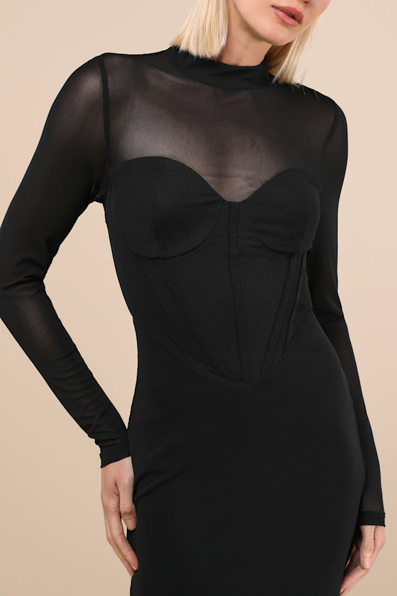 Lulus Sensational Appeal Black Mesh Cutout Long Sleeve Maxi Dress In Black