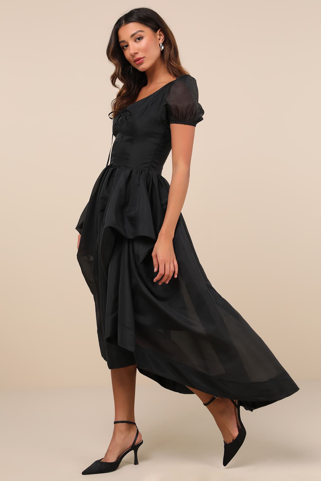 Delightfully Chic Black Organza Puff Sleeve Midi Dress