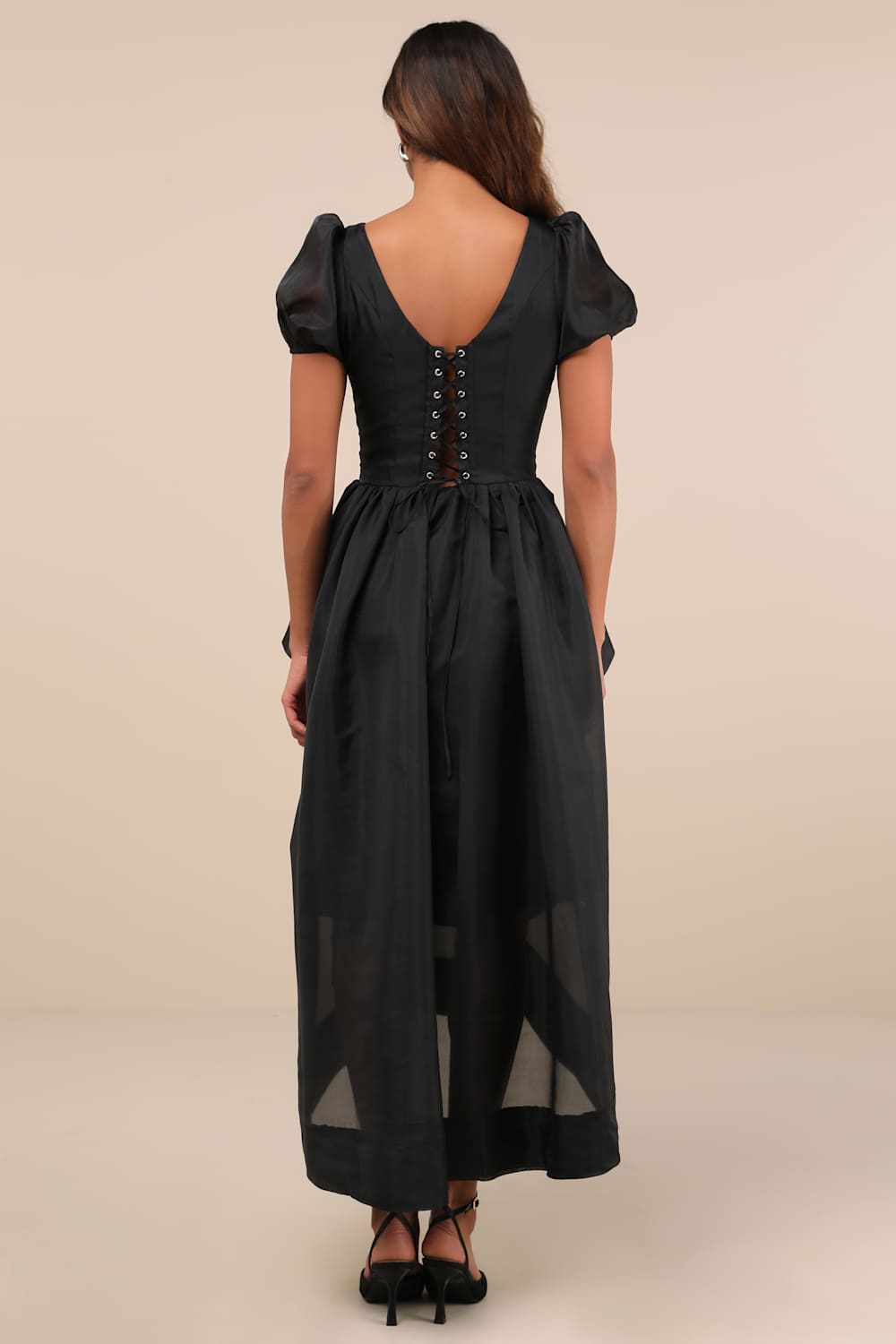 Delightfully Chic Black Organza Puff Sleeve Midi Dress