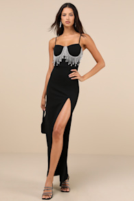Divine Extravagance Black Rhinestone Fringe Bustier Maxi Dress 5