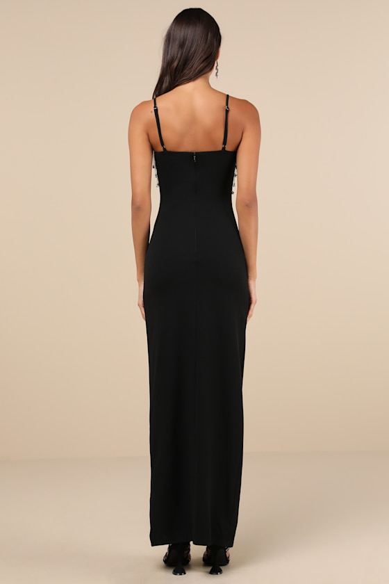 Lulus Divine Extravagance Black Rhinestone Fringe Bustier Maxi Dress In Black