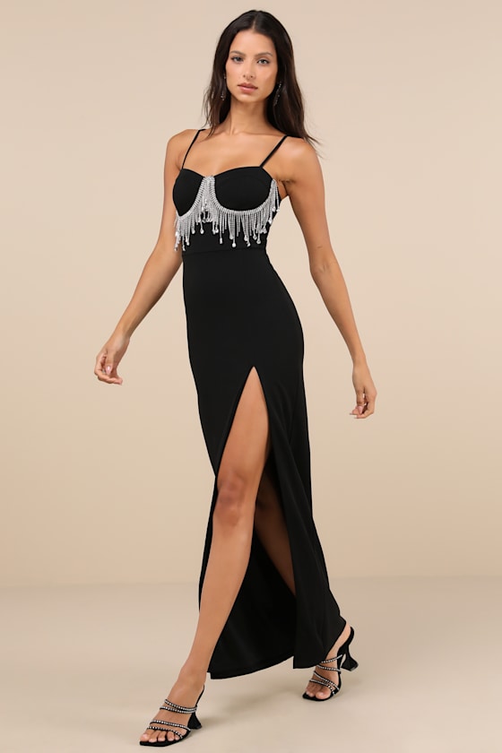 Lulus Divine Extravagance Black Rhinestone Fringe Bustier Maxi Dress In Black