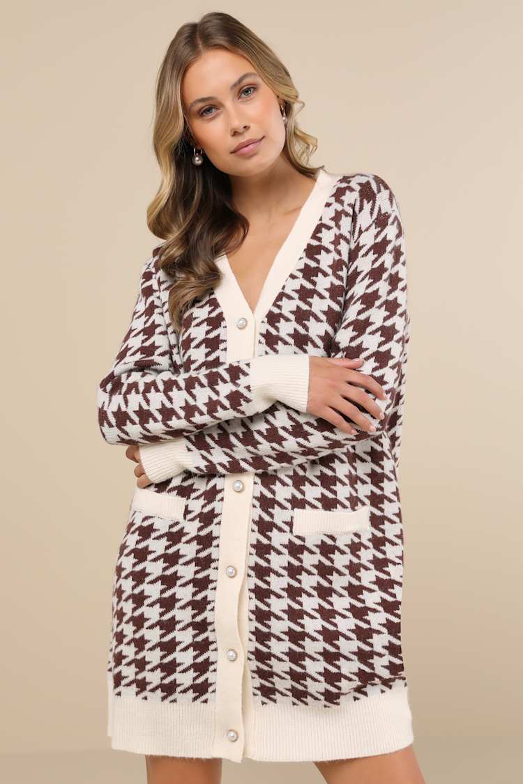 Brown Houndstooth Dress - Sweater Dress - Long Sleeve Mini Dress