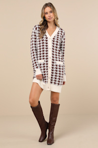 Truly Iconic Ivory and Brown Houndstooth Cardigan Sweater Dress 3