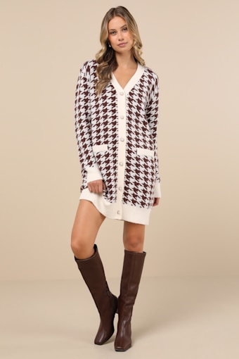 Truly Iconic Ivory and Brown Houndstooth Cardigan Sweater Dress 3