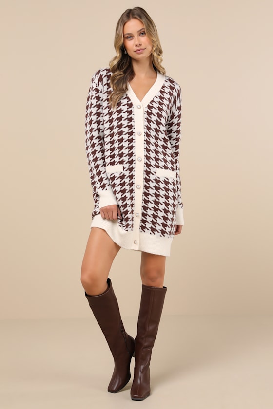 Truly Iconic Ivory and Brown Houndstooth Cardigan Sweater Dress 3