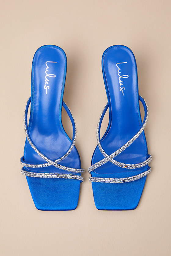Lulus Birdine Sapphire Satin Rhinestone High Heel Sandals In Blue