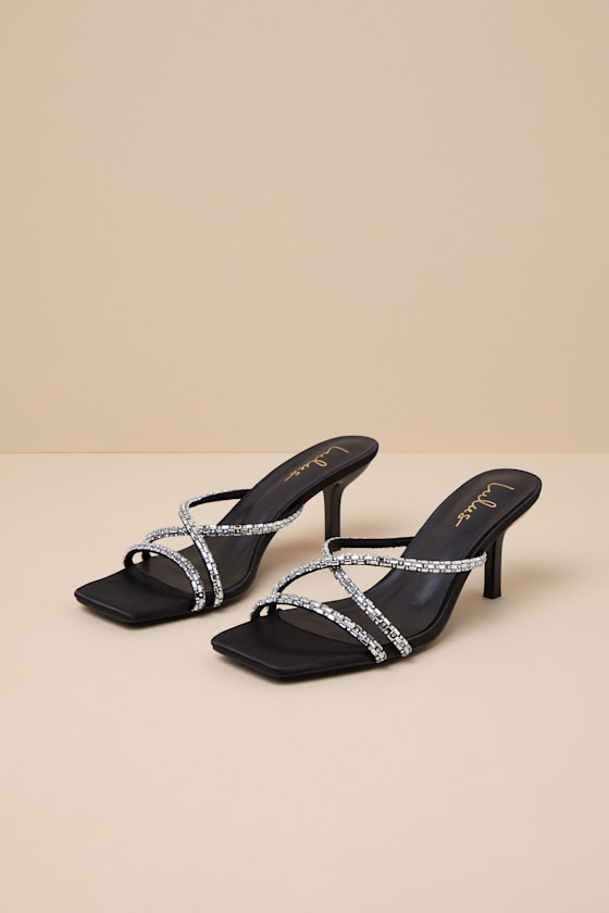 Lulus Birdine Black Satin Rhinestone High Heel Sandals In Black