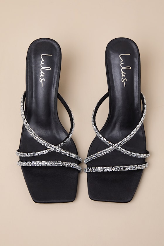 Birdine Black Satin Rhinestone High Heel Sandals 1