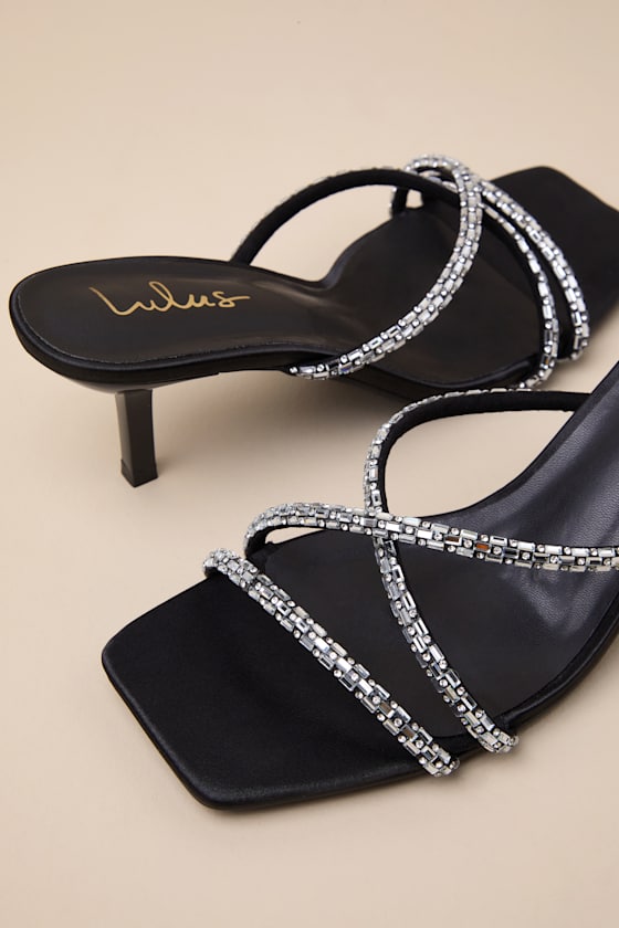 Lulus Birdine Black Satin Rhinestone High Heel Sandals In Black