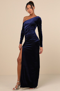 Notorious Icon Navy Blue Velvet Asymmetrical Maxi Dress 1