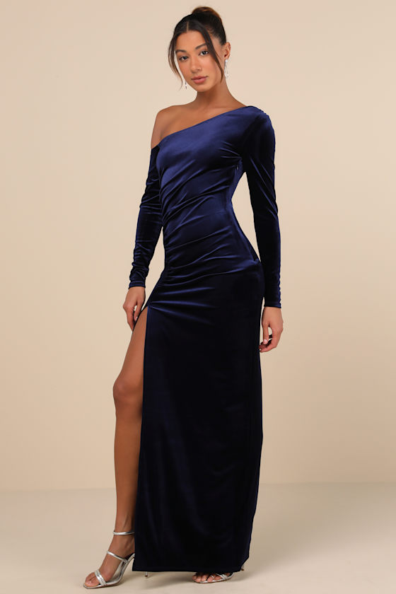 Notorious Icon Navy Blue Velvet Asymmetrical Maxi Dress 1