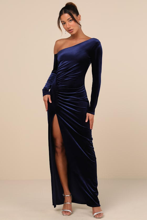 Lulus Notorious Icon Navy Blue Velvet Asymmetrical Maxi Dress In Navy Blue