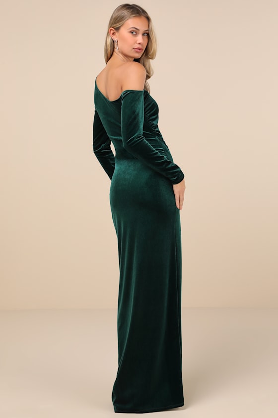 Lulus Notorious Icon Emerald Green Velvet Asymmetrical Maxi Dress In Emerald Green