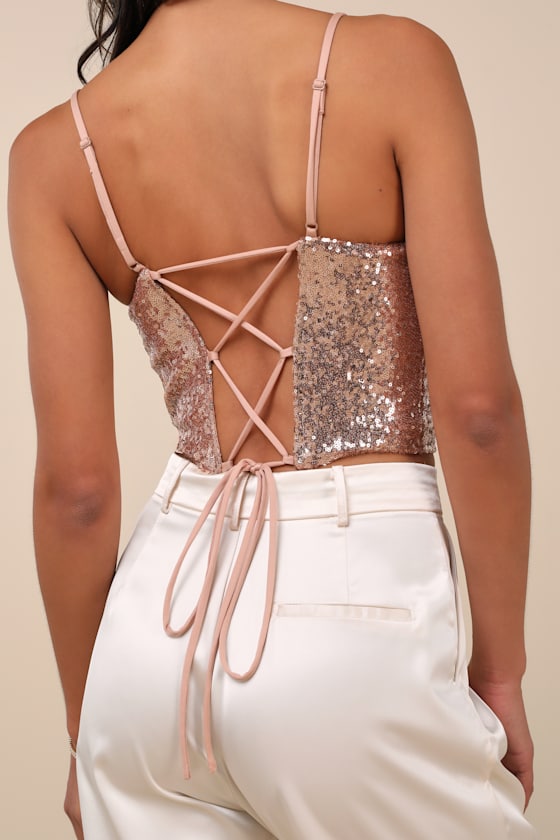 LULUS IRREPLACEABLE SHINE ROSE GOLD SEQUIN LACE-UP CROP TOP 