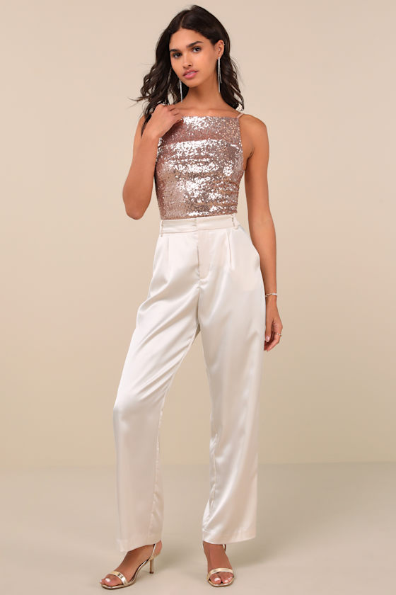 LULUS IRREPLACEABLE SHINE ROSE GOLD SEQUIN LACE-UP CROP TOP 