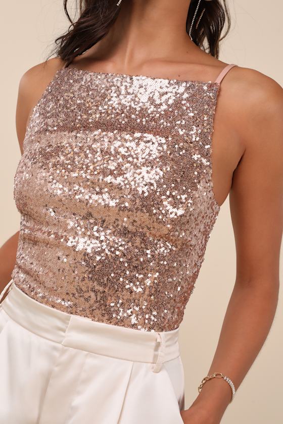 LULUS IRREPLACEABLE SHINE ROSE GOLD SEQUIN LACE-UP CROP TOP 