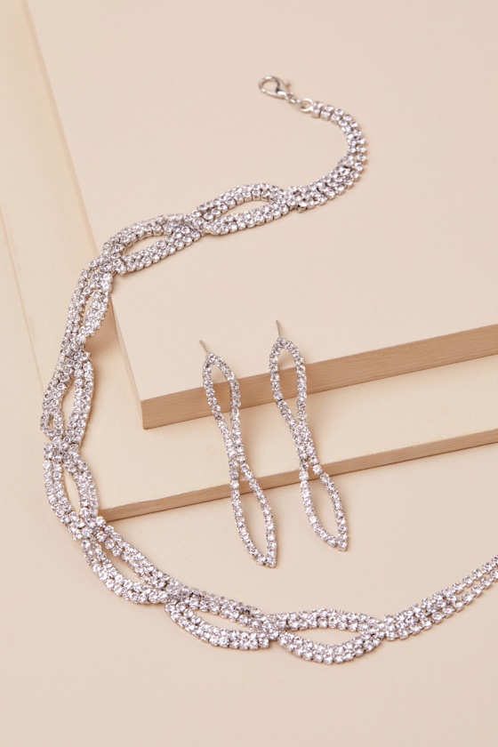 Wekicici Bridal Flower Rhinestone Necklace Earrings Set - Crystal Choker Wedding Jewelry Silver - View #3