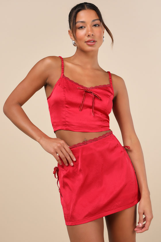 Lulus Flawless Impression Red Satin Lace Mini Skirt In Red