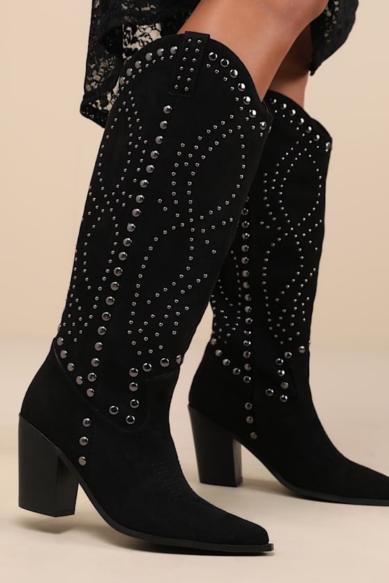 Lulus Mallerie Black Suede Studded Knee-high Western Boots In Black