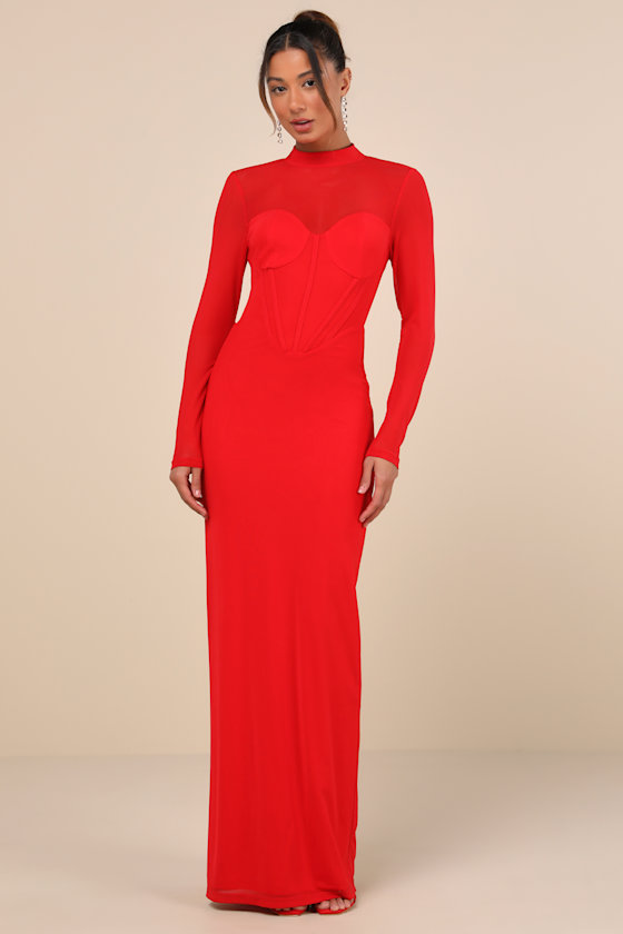 Lulus Sensational Appeal Red Mesh Cutout Long Sleeve Maxi Dress In Red