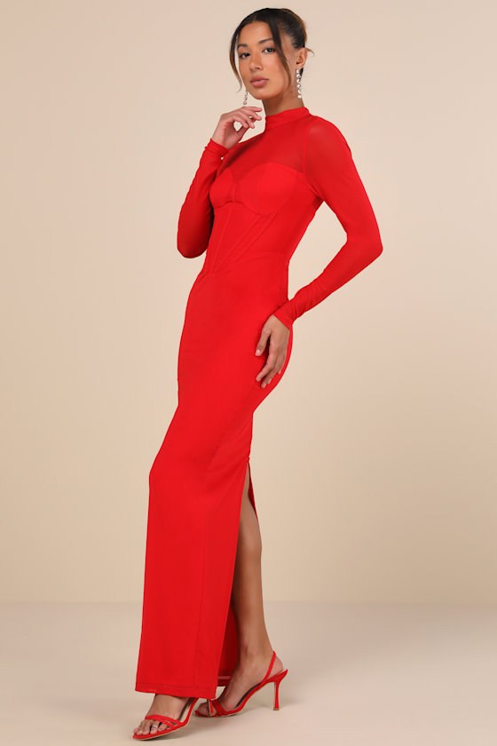 Lulus Sensational Appeal Red Mesh Cutout Long Sleeve Maxi Dress In Red