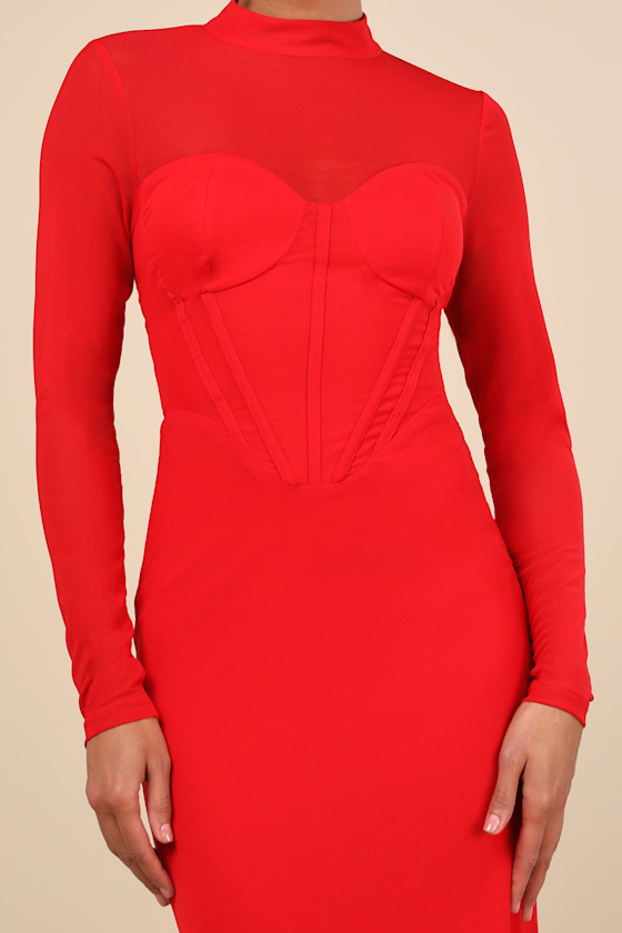Lulus Sensational Appeal Red Mesh Cutout Long Sleeve Maxi Dress In Red