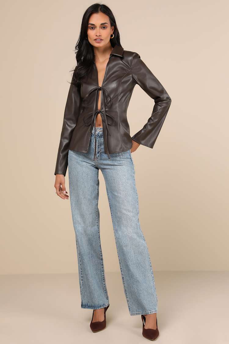 Confirmed Vibe Brown Faux Leather Tie-Front Top