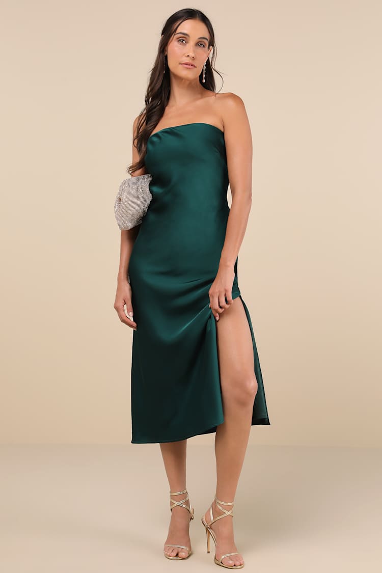 Effortless Bliss Emerald Satin Strapless Cowl Back Midi Dress